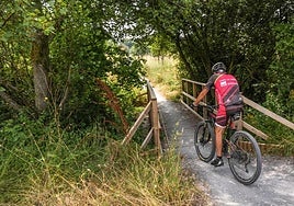 Un ciclista antes de pasar por uno de los puentecillos del nuevo corredor verde al oeste del Anillo Verde.