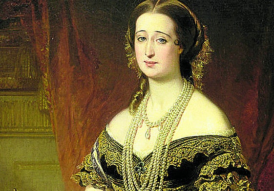 Retrato de Eugenia de Montijo realizado en 1853 por Dubufe en el que se aprecia sobre el pecho el espectacular broche-trébol de tres esmeraldas