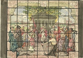 El croquis, realizado en acuarela, lápiz y tinta, presenta los elementos fundamentales de la obra definitiva.