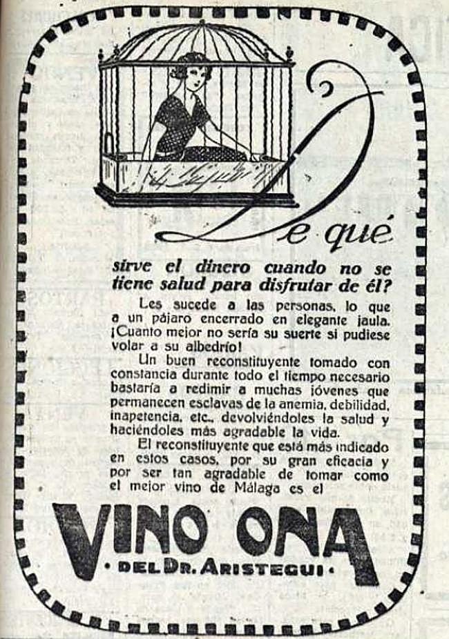 Anuncio del reconstituyente Vino Ona, «tan agradable de tomar como el mejor vino de Málaga».