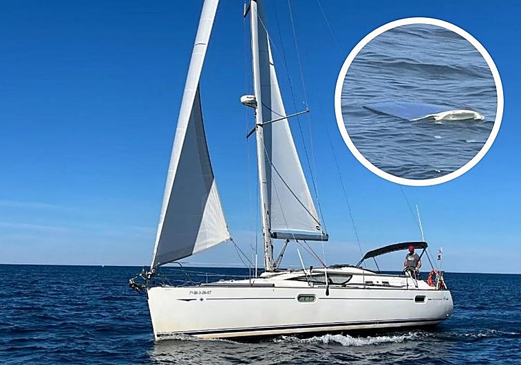 Iñaki, a bordo de su velero. En el círculo, detalle del timón destruido.