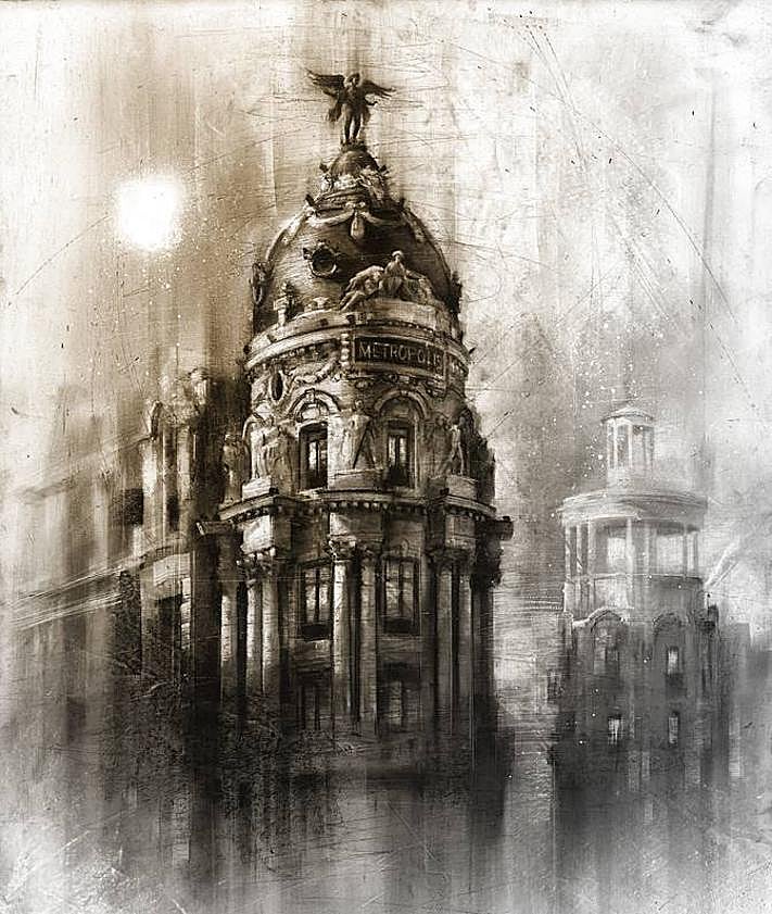 Imagen secundaria 2 - Escenarios vitales. El aula donde daba clase en Soria, el edificio Metrópolis de Madrid y la Plaza Mayor de Segovia. Ilustraciones del libro 'Las ciudades de Machado', escrito por Carlos Aganzo y editado por Tintablanca. 