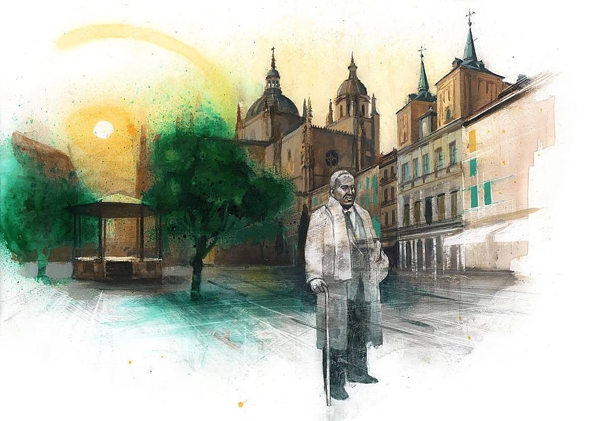 Imagen secundaria 1 - Escenarios vitales. El aula donde daba clase en Soria, el edificio Metrópolis de Madrid y la Plaza Mayor de Segovia. Ilustraciones del libro 'Las ciudades de Machado', escrito por Carlos Aganzo y editado por Tintablanca. 