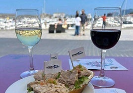 Pintxos de bonito maridados con txakoli blanco y tinto.