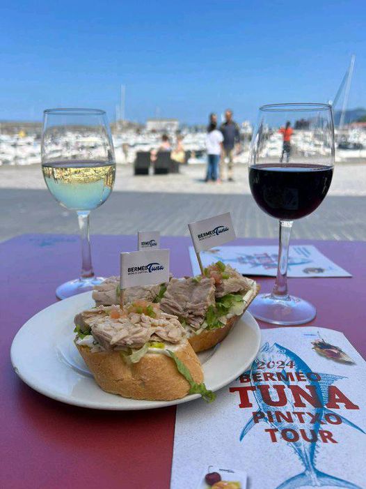 Pintxos de bonito maridados con txakoli blanco y tinto.