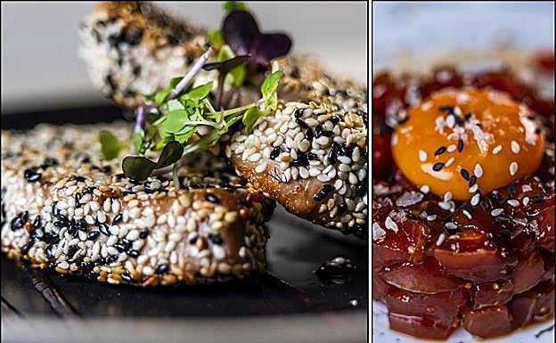 Solomillo y Tartar de atún con soja y kimchie.