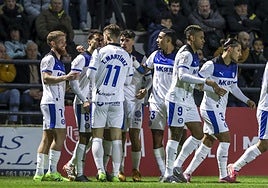 Los jugadores albiazules celebran el gol de Carlos Vicente.