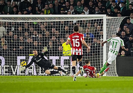 Cedric Bakambu dispara a la portería de Unai Simón en el Betis-Athletic de la pasada temporada