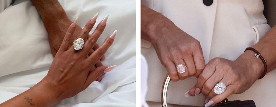 A la izquierda, el anillo de compromiso de Georgina Rodríguez; y a la derecha, las sortijas millonarias de Lauren Sánchez.