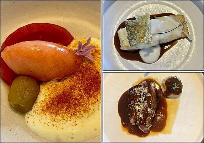 El menú de Rola se fija en los distintos ecosistemas de su entorno: el bosque, la marisma, el mar Cantabrico... para armar una secuencia con sentido, que se adorna con elementos naturales (piedras, lana, ramas, musgo...) Plato de Tomate de Nafarrola en texturas, Pichón asado con sus higaditos y piñones y Lubina asada y su colágeno.