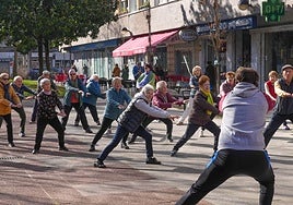 Un grupo de personas mayores hace ejercicio al aire libre.