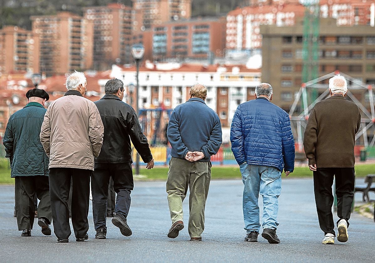 Un grupo de personas mayores pasea por el parque Etxebarria de Bilbao.