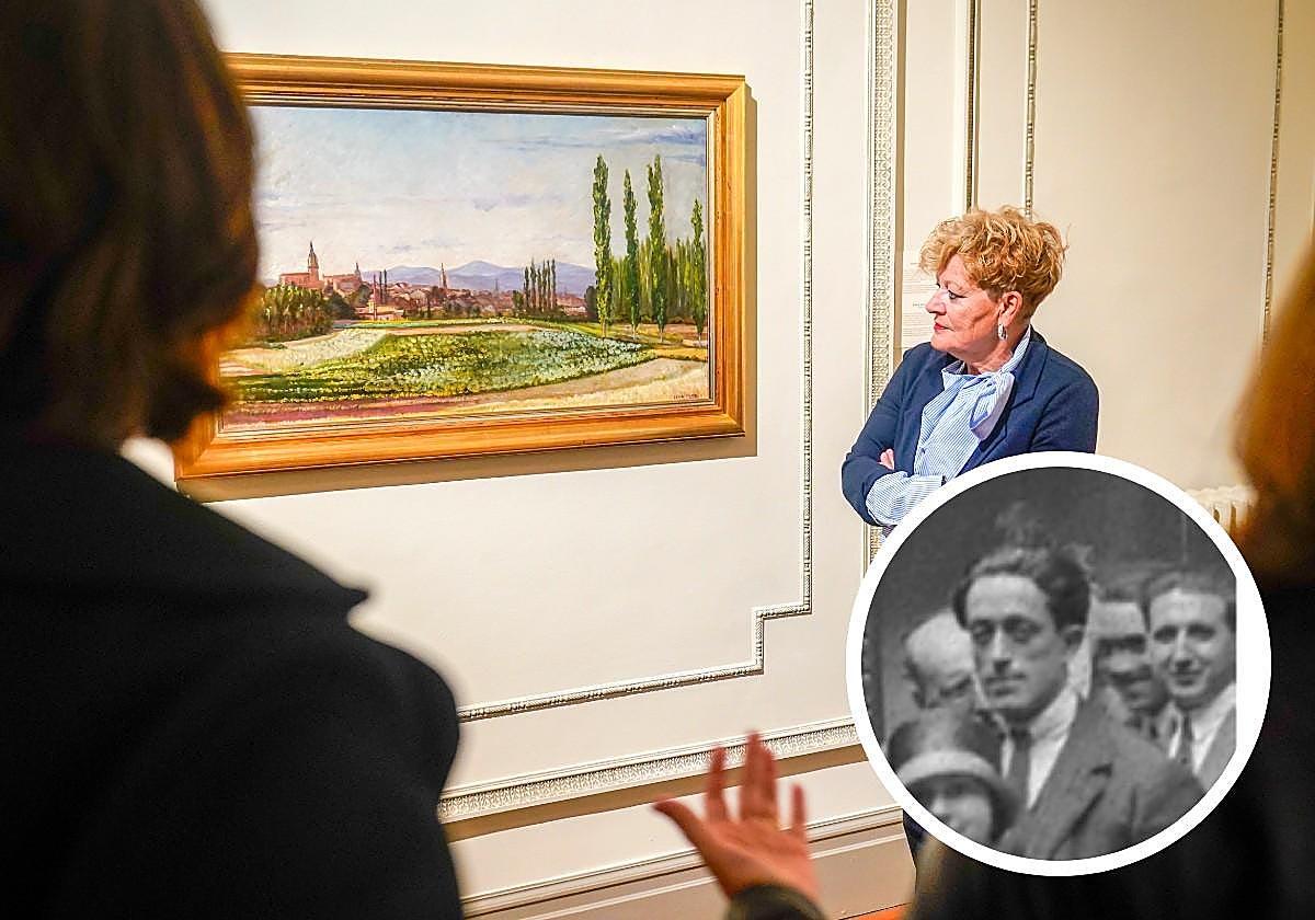 La pintura 'Vista de Vitoria' (1934) junto a una imagen en la que se ve al pintor vitoriano.