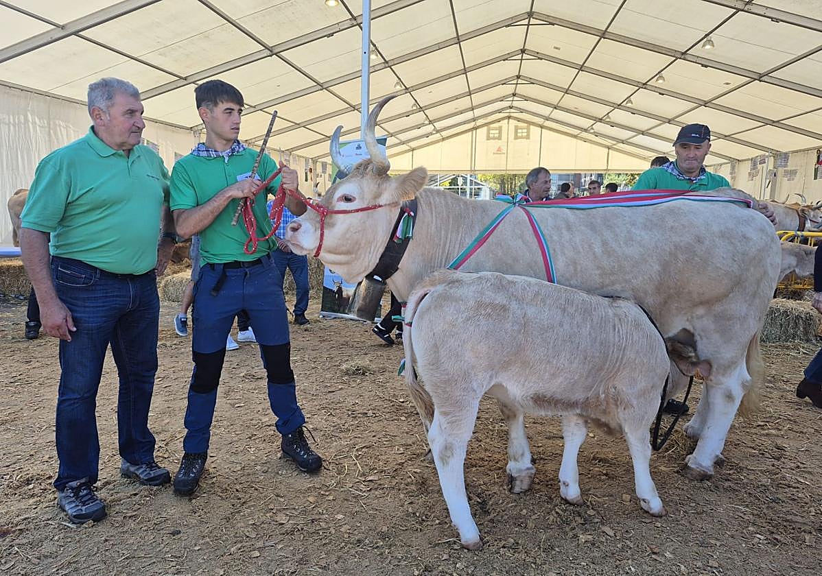Ganaderos de la cuadra de Jon Koldo Bikandi (a la izquierda) exhiben su lote de reses ganadoras en el certamen del Primer Lunes de Gernika.