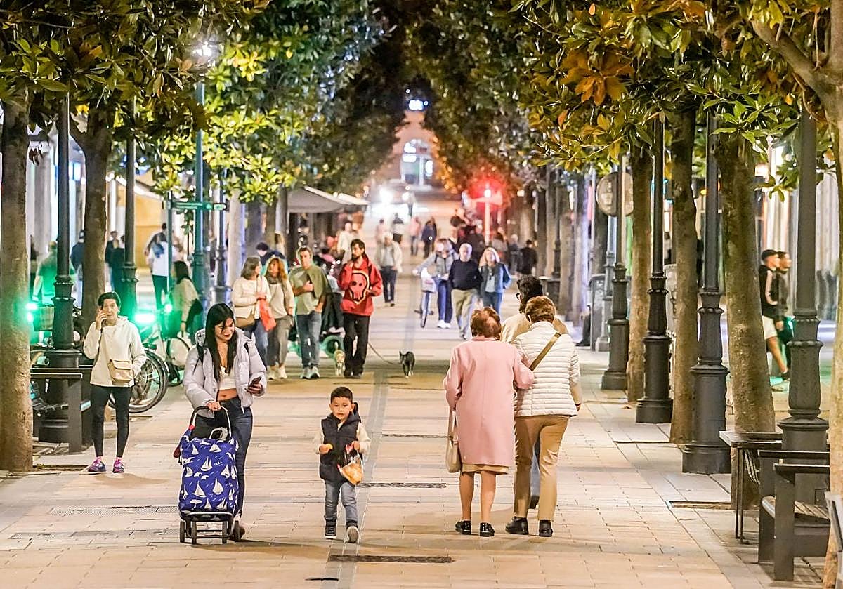 La arteria más céntrica de Vitoria ha ganado 35 farolas nuevas y, además, se ha cambiado el modelo doble por postes individuales.