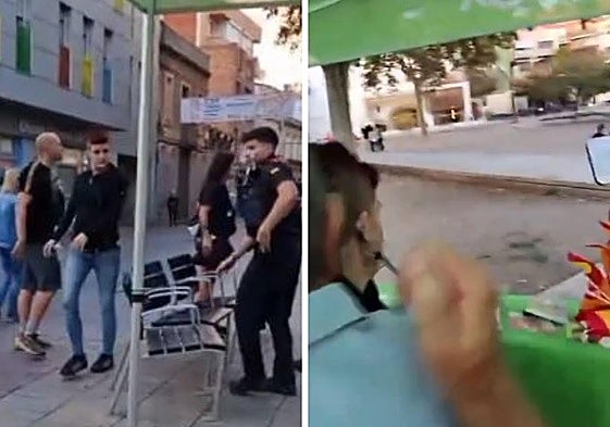 Una joven vuelca una carpa de Vox en Barcelona