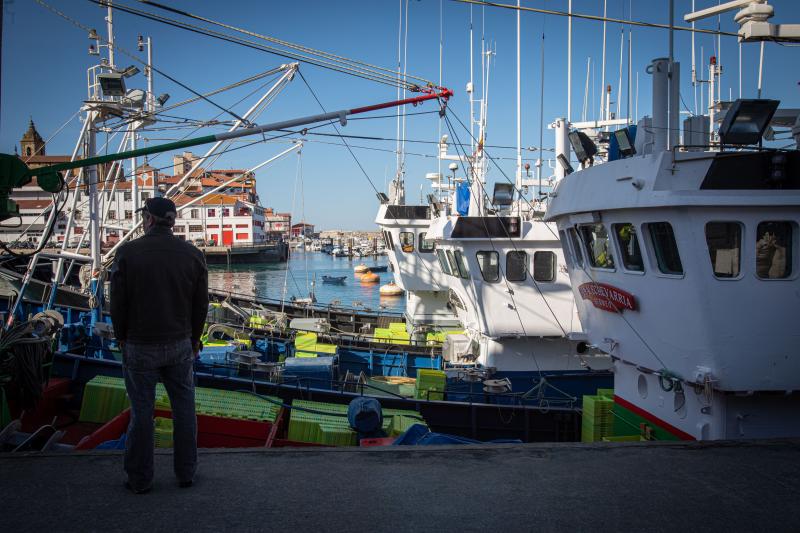 Un hombre observa desde el muelle las embarcaciones pesqueras atracadas en el puerto de Bermeo.