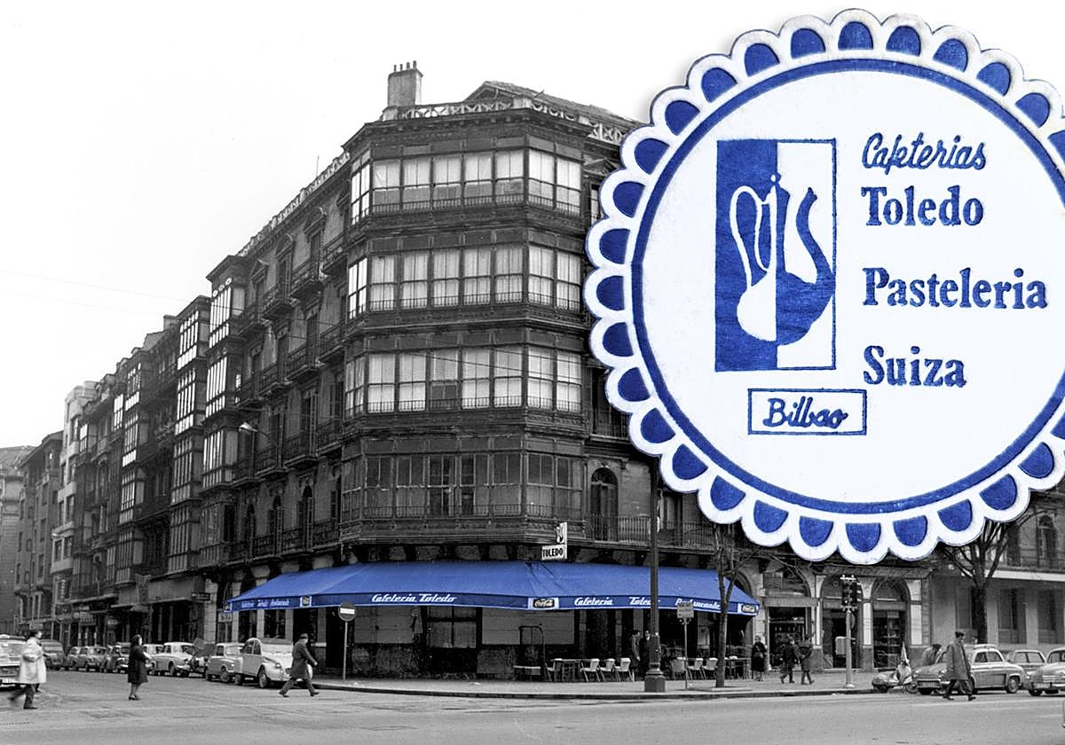 Posavasos y vista del exterior de la antigua cafetería Toledo en los 60 (Bilbao).