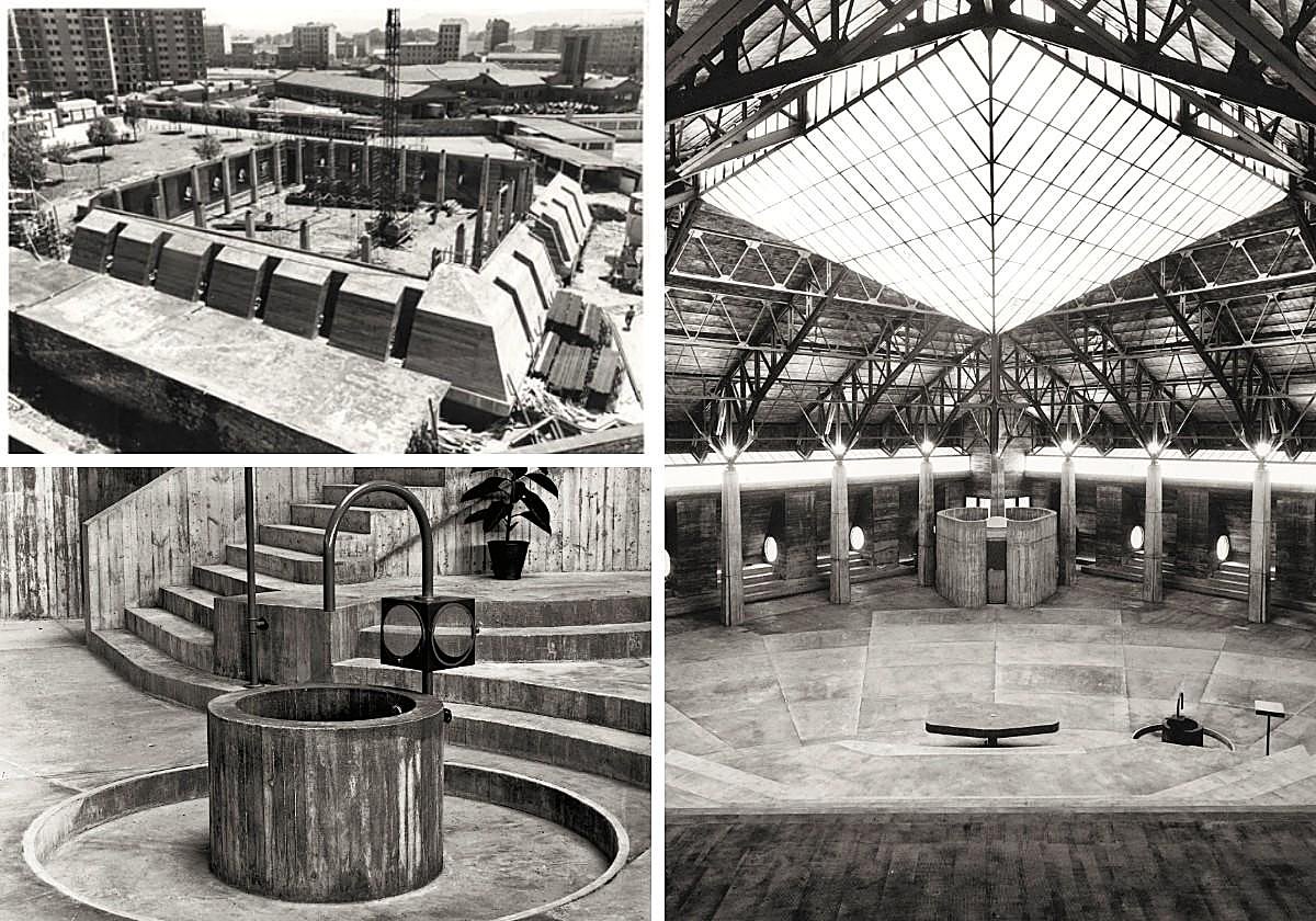 Diferentes instantáneas sobre la construcción, la pila bautismal y el interior del templo, ahora cerrado.