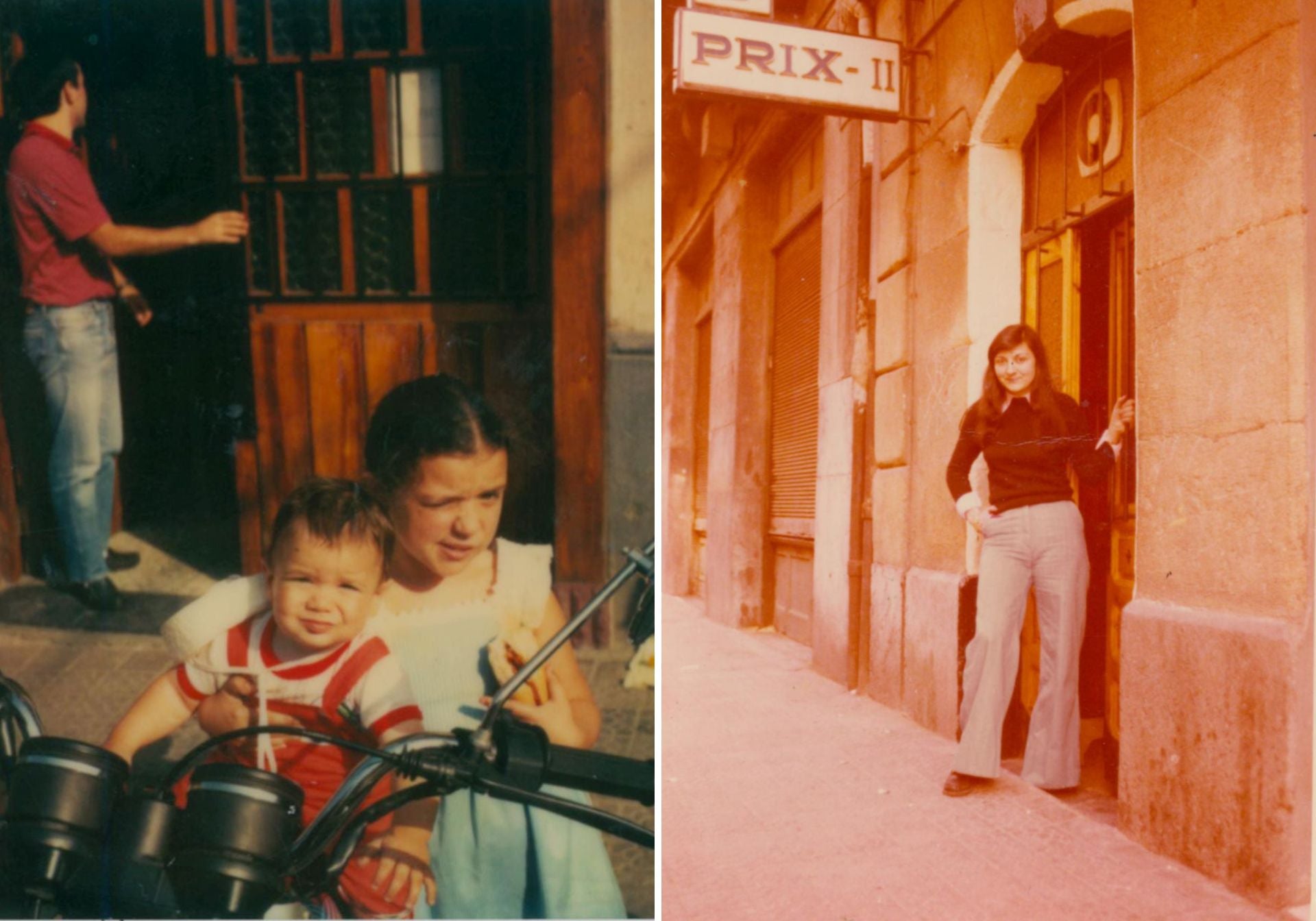 Mario e Izaskun en la moto del padre Pedro a la entrada del local que se llamó Grand Prix II (el primero abrió en Bailén). A la derecha la madre, Marijose.