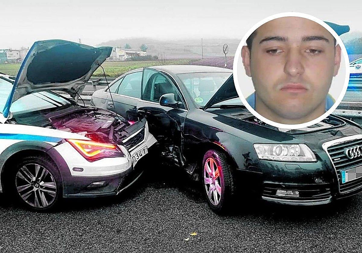 Uno de los coche de la banda del 'Niño Juan' cerca de Vitoria, tras impactar con un coche patrulla de la Ertzaintza. Arriba, el 'Niño Juan'.