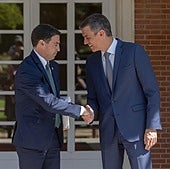 Pradales y Sánchez se saludan en La Moncloa en su último encuentro bilateral el pasado mes de julio.