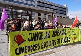 Concentración de las trabajadoras de comedores escolares frente a la sede del Gobierno vasco en Lakua.