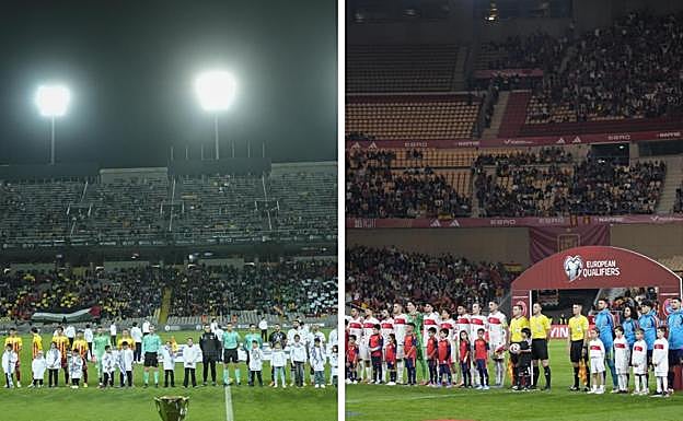 A la izquierda, la grada del Cataluña-Palestina en Barcelona, y a la derecha la del España-Turquía en Sevilla.