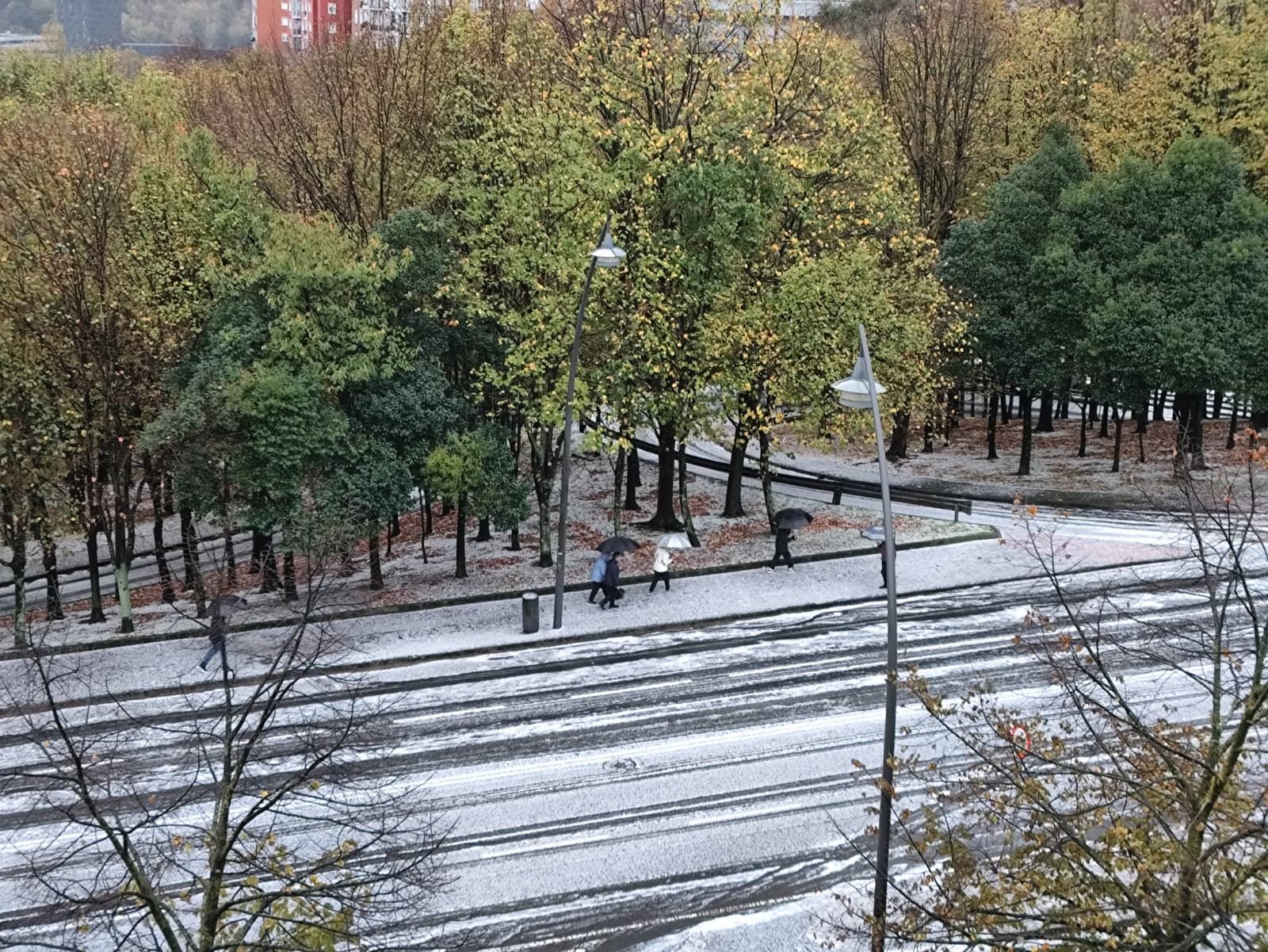 El granizo ha dejado imágenes invernales en el barrio bilbaíno de Txurdinaga.