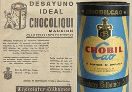 Anuncio de Chocoliqui (1936) y bote de Chobilcao (años 60).