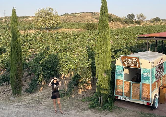 Una joven observa el eclipse entre cipreses y renques de algunas de las 135 variedades de viña que aquí cultiva la Familia Valdelana.