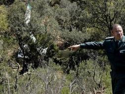 Un capitán de la Guardia Civil señala los restos de la avioneta que se ha precipitado a un barranco en la finca 'Martirene', en el termino municipal de Luciana. /EFE