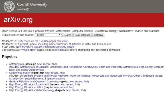 La portada de arXiv.org, poco después de superar el millón de trabajos. 