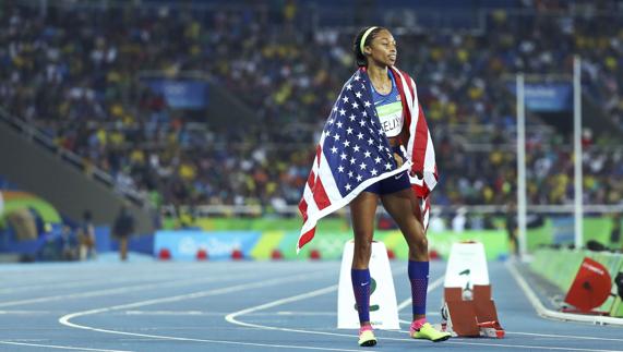 Allyson Felix, tras un nuevo triunfo. 