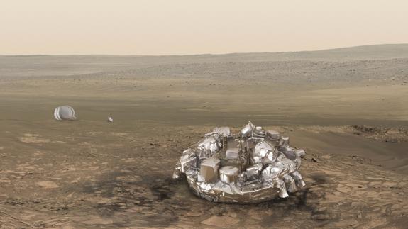 Ilustración de cómo debía haber quedado el módulo Schiaparelli en el suelo marciano