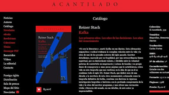 Venta de 'Kafka', de Reiner Stach, en la página web de Acantilado.