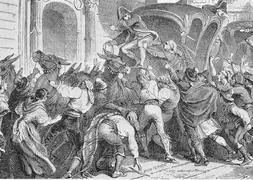 Dibujo de Philippoteaux titulado "Le 9 avril à Vitoria, la foule veut empêcher le depart de Ferdinand pour Bayonne" grabado por A. Pantenier. (la fecha está equivocada)