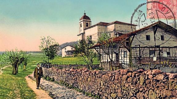 Tarjeta que recrea el camino a la iglesia de Lemoa a principios del siglo XX.