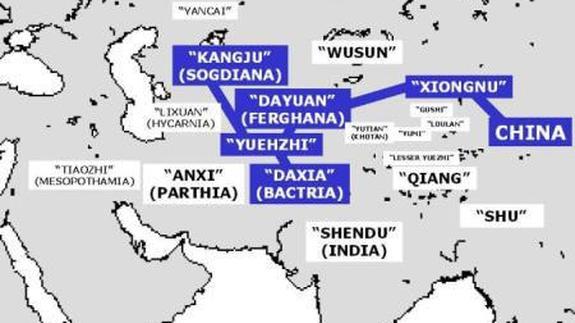Mapa de Asia central, el mundo que conoció el viajero chino Ziang Quiang.