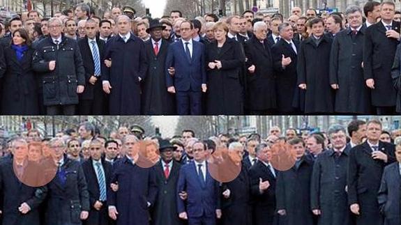 Arriba, la imagen original; abajo, la manipulada. Los puntos naranjas en los que deberían aparecer Anne Hidalgo, alcaldesa de París. Melena femenina de una de las asistentes, difuminada para que no se note. Angela Merkel también desaparece. Y otraasistente a la manifestación.