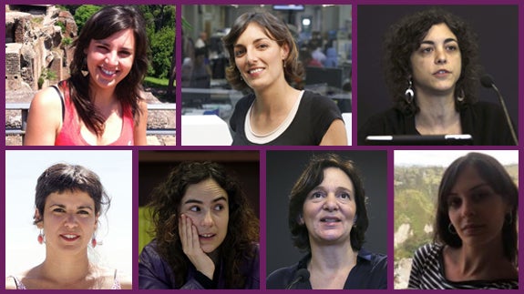 De izquierda a derecha y de arriba abajo: Irene Montero, Lola Sánchez, Tania González, Teresa Rodríguez, Gemma Ubasart, Carolina Bescansa y Rita Maestre. 