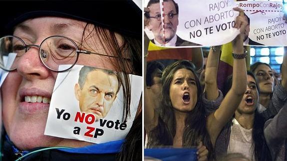 Colectivos católicos se manifiestan contra Zapatero (2005) y Rajoy (2014).