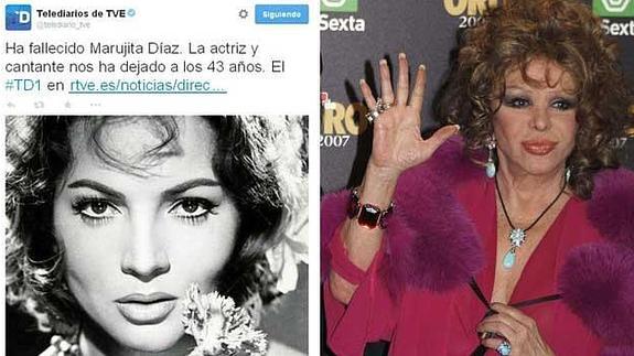 A la izquierda, el tuit errónero del Telediario y, a la derecha, una foto de Marujita Díaz.