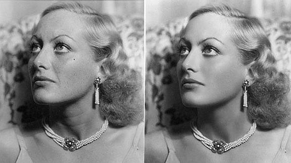 La misma foto de Joan Crawford antes y después del retoque. 