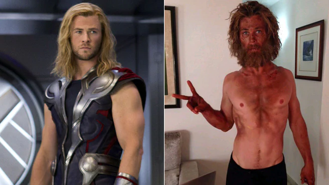 Chris Hemsworth, como 'Thor' y como su nuevo personaje. 