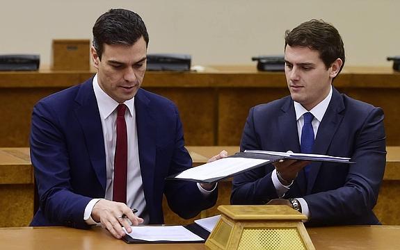 Pedro Sanchez eta Albert Rivera, bere itun politikoa sinatzen.