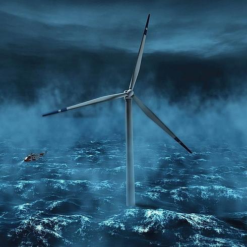 Fotomontaje de un molino eólico marino próximo a la costas de Noruega.
