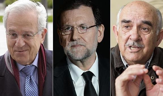 De izquierda a derecha: el expresidente del PP navarro, Jaime Ignacio del Burgo; el presidente del Gobierno en funciones, Mariano Rajoy; y el expresidente de Murcia, Alberto Garre.