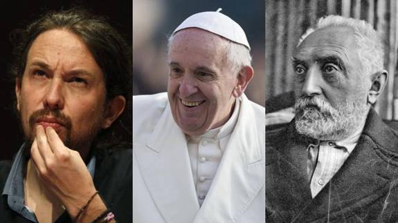 El líder de Podemos, Pablo Iglesias, el Papa Francisco y Miguel de Unamuno.