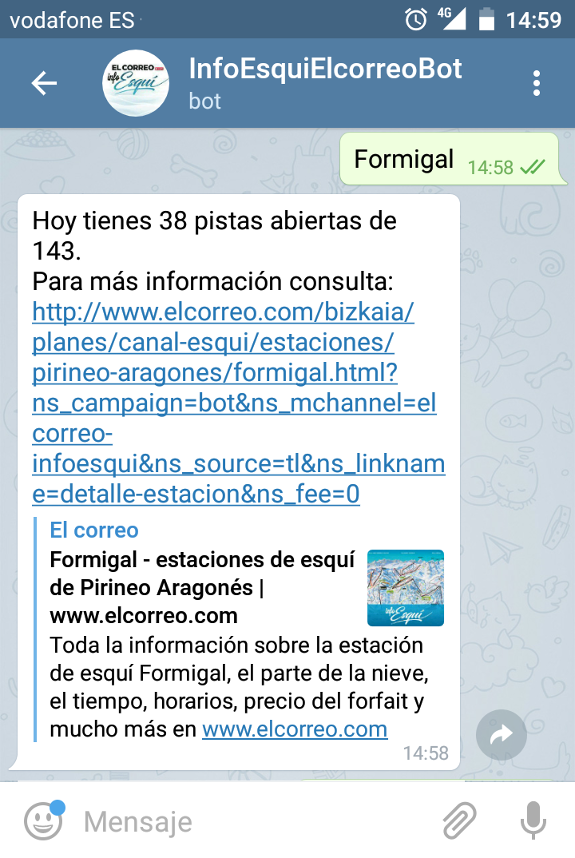 InfoEsquiElCorreoBot: el bot de esquí de EL CORREO en Telegram.